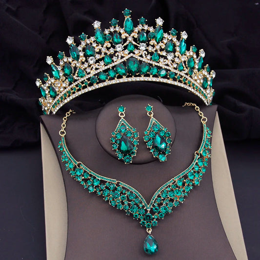 Green Crystal Crown Wedding Necklace Earring Sets