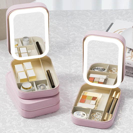 Makeup Storage Box With Led Light Mirror Portable